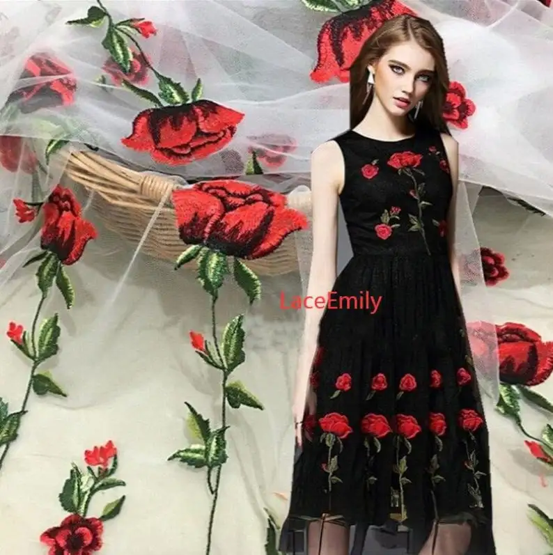 Embroidery Roses - Tessuto di pizzo rosa rossa ricamo
