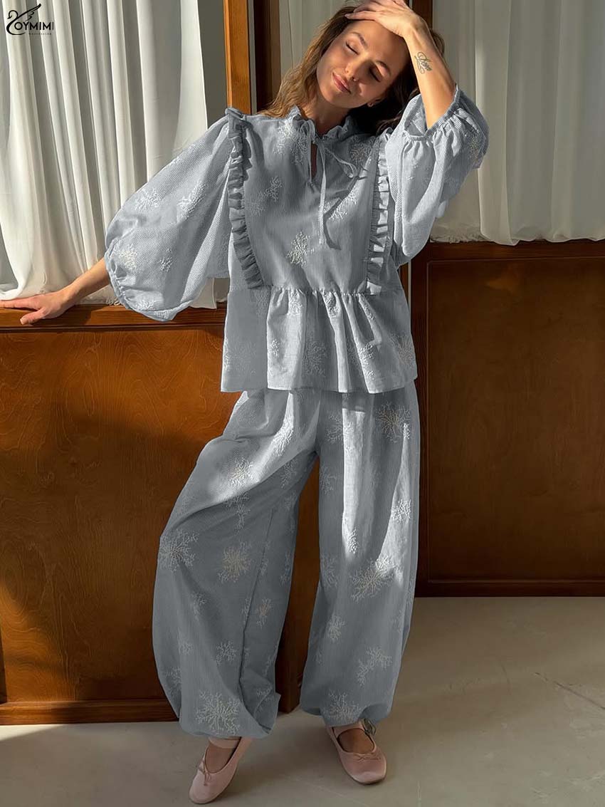 Embroidery Cotton Shirt - Oymimi Set Elegante in Cotone Blu