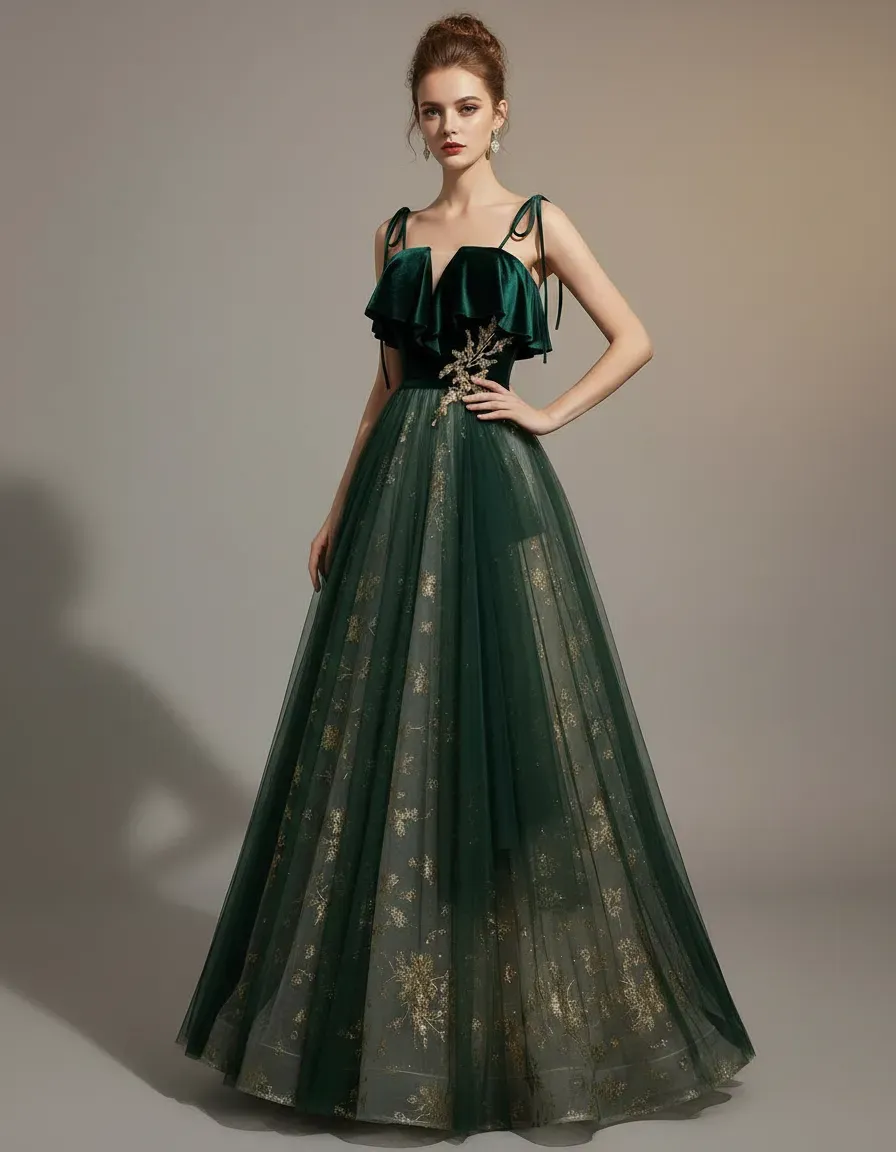 Embroidery Gold - Abito da sera in velluto verde
