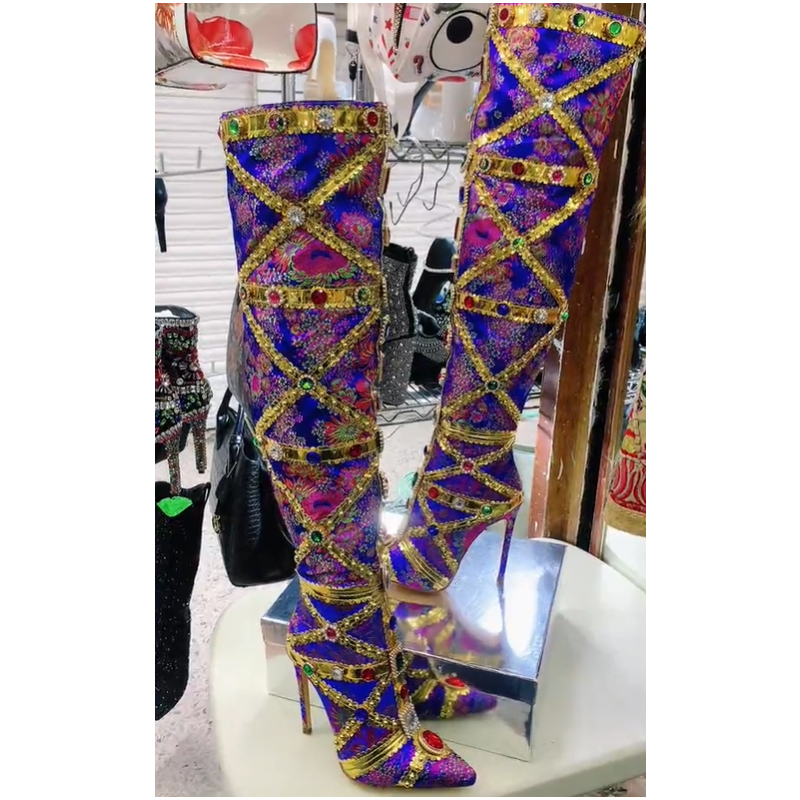 Embroidery Gold - Stivali al ginocchio con punta a