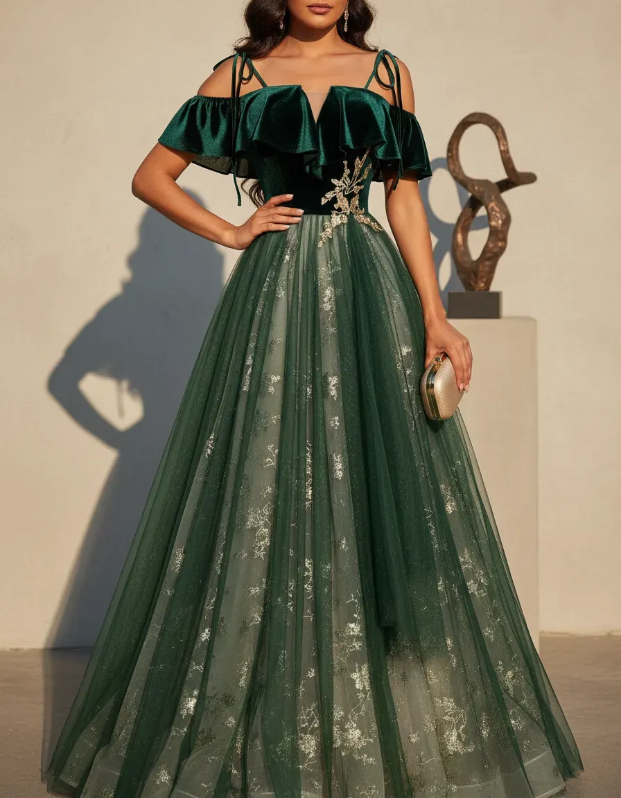 Abito da sera in velluto verde - Embroidery Gold recensione e prezzo